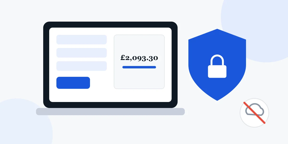 A laptop running the salary calculator, protected by a padlocked shield, with a crossed-out cloud showing nothing is uploaded.