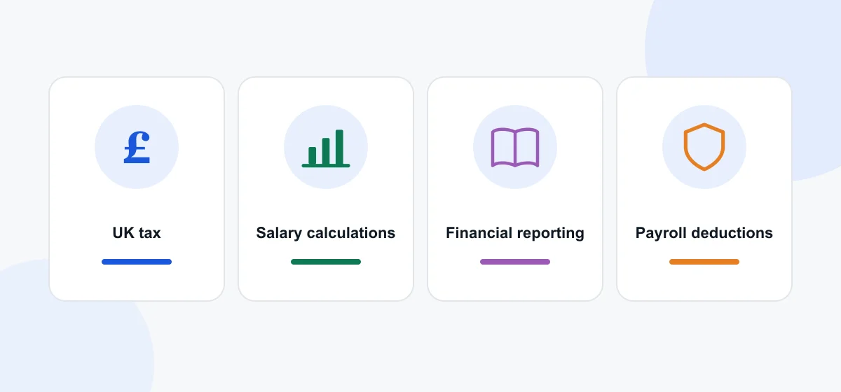 Areas of expertise Four areas of expertise: UK tax, salary calculations, financial reporting and payroll deductions.
