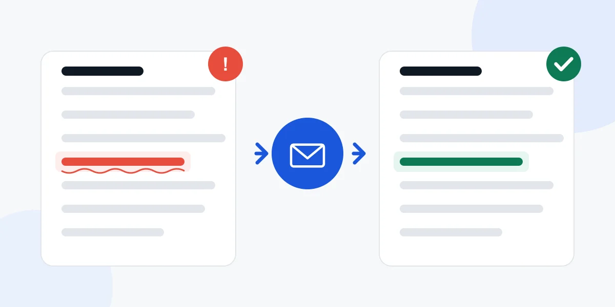 Spot a mistake, tell us, and we fix it A page with a mistake underlined in red, a message sent to us, and the same page with the line corrected and ticked.
