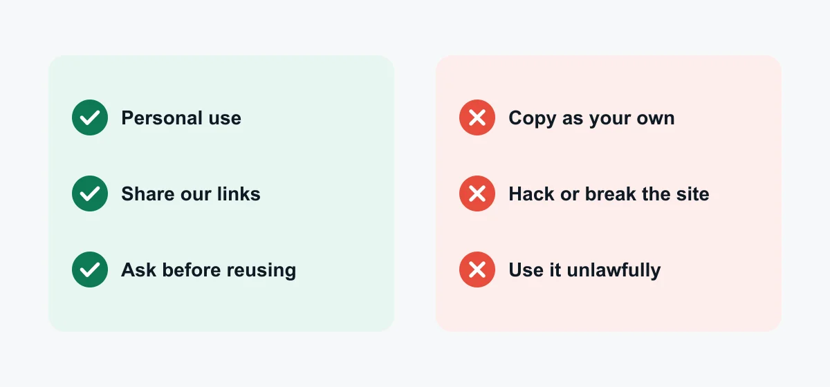 What you can and can't do on this site Allowed: personal use, sharing our links, asking before reusing. Not allowed: copying as your own, hacking or breaking the site, using it unlawfully.